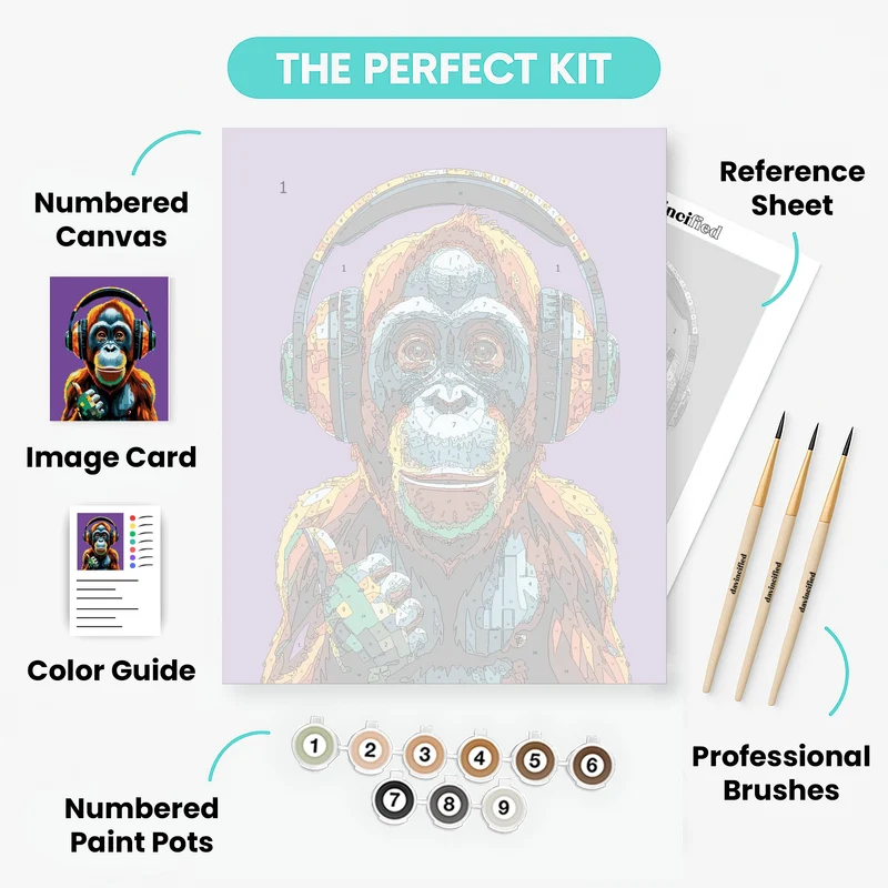 Colorful Orangutan with Headphones - Paint by Numbers Kit