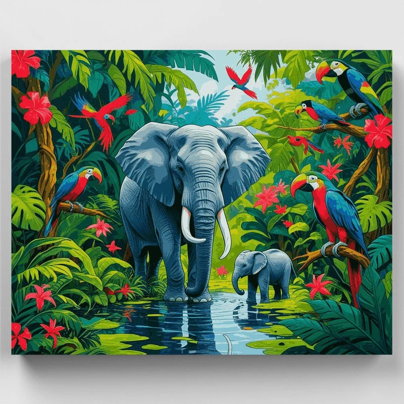 Jungle Elephants and Tropical Paradise - Paint by Numbers Kit