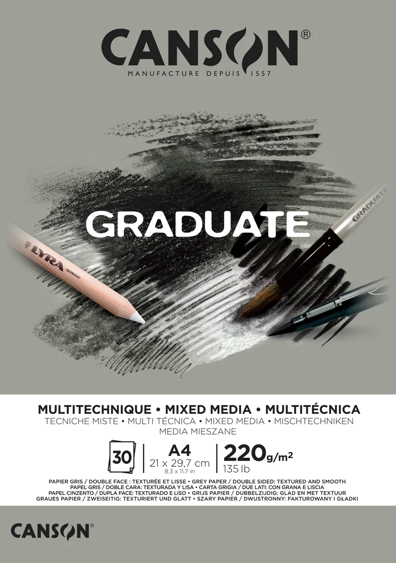 Canson Graduate Mix Media Block Grey 220 g/m² - 30 Blatt, A4, geleimt