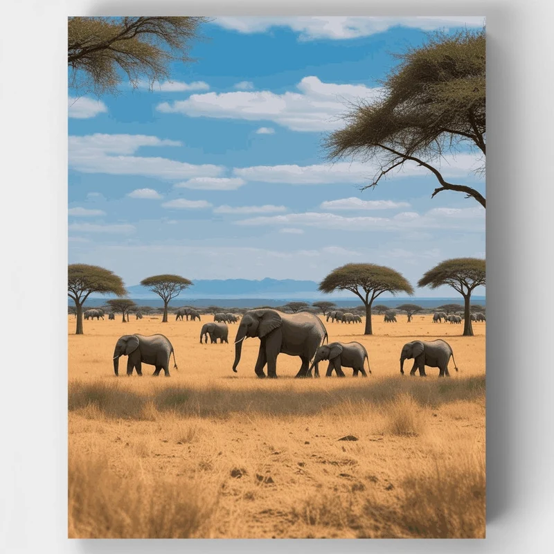 African Elephant Herd in Serengeti Plains - Paint by Numbers Kit