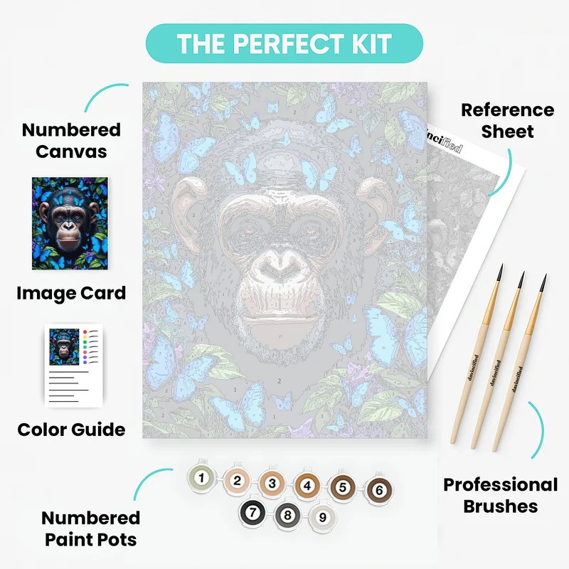Chimpanzee with Blue Butterflies - Paint by Numbers Kit