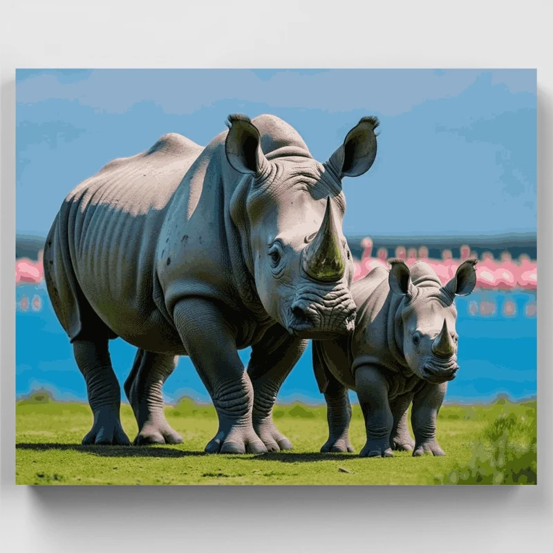 Rhinoceros Mother and Baby by Flamingo Lake - Paint by Numbers Kit