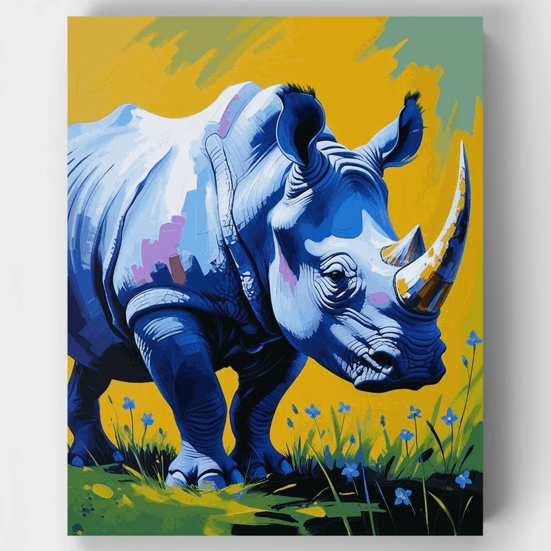 Blue Rhinoceros with Yellow Sky - Paint by Numbers Kit
