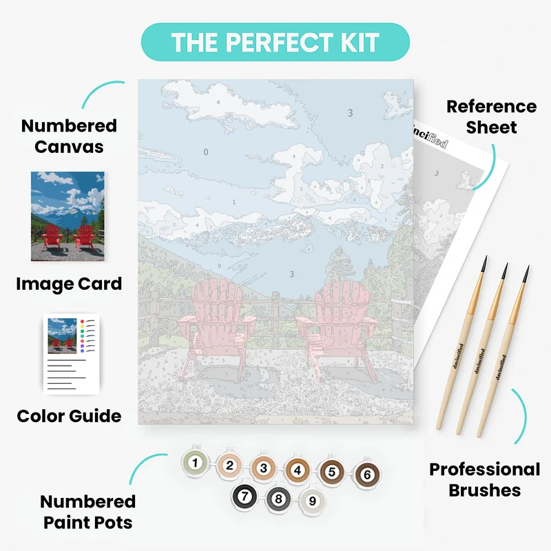 Mountain View with Red Adirondack Chairs - Paint by Numbers Kit