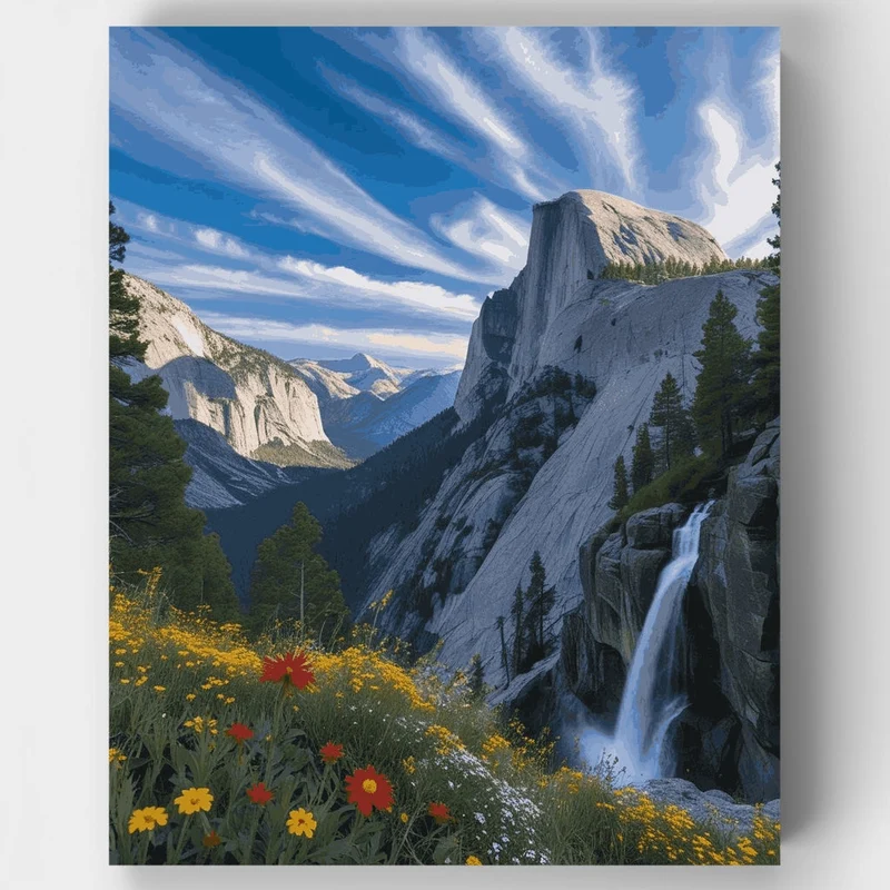 Yosemite Valley with Half Dome and Waterfall - Paint by Numbers Kit