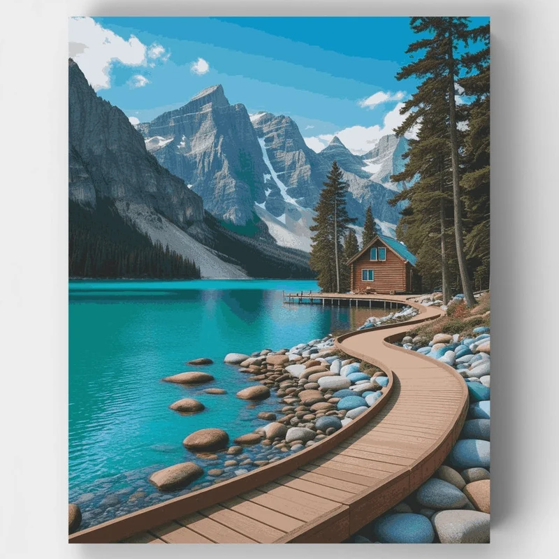 Lakeside Mountain Cabin with Wooden Boardwalk - Paint by Numbers Kit