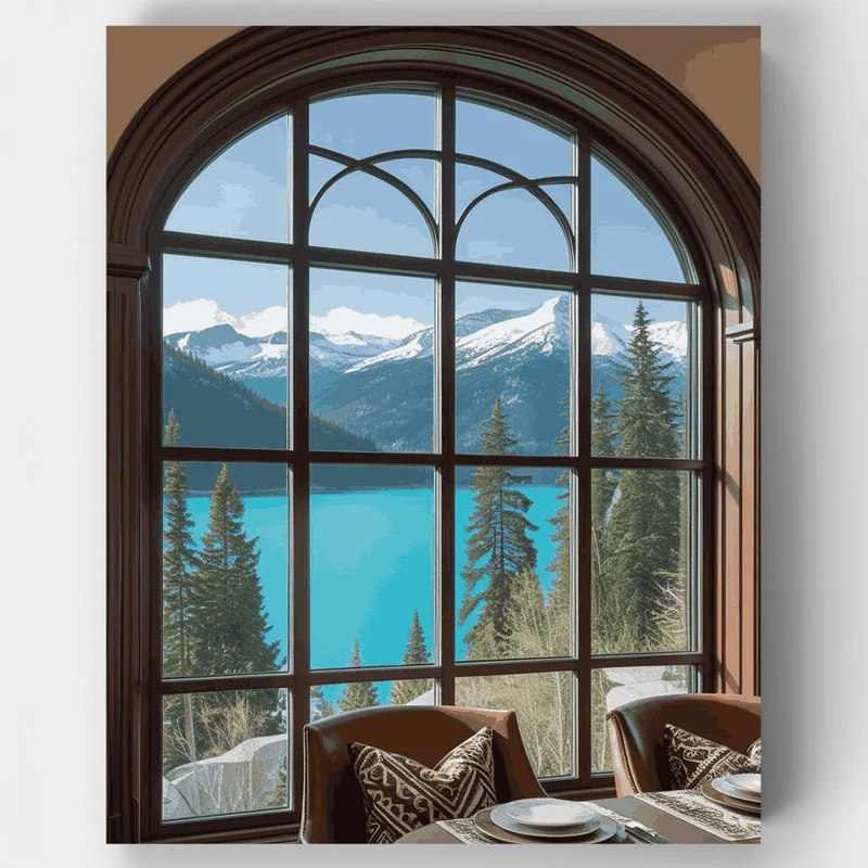 Mountain Lake View Through Arched Window - Paint by Numbers Kit