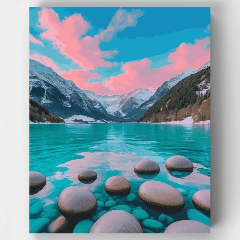 Turquoise Mountain Lake with Pink Sunset Sky - Paint by Numbers Kit