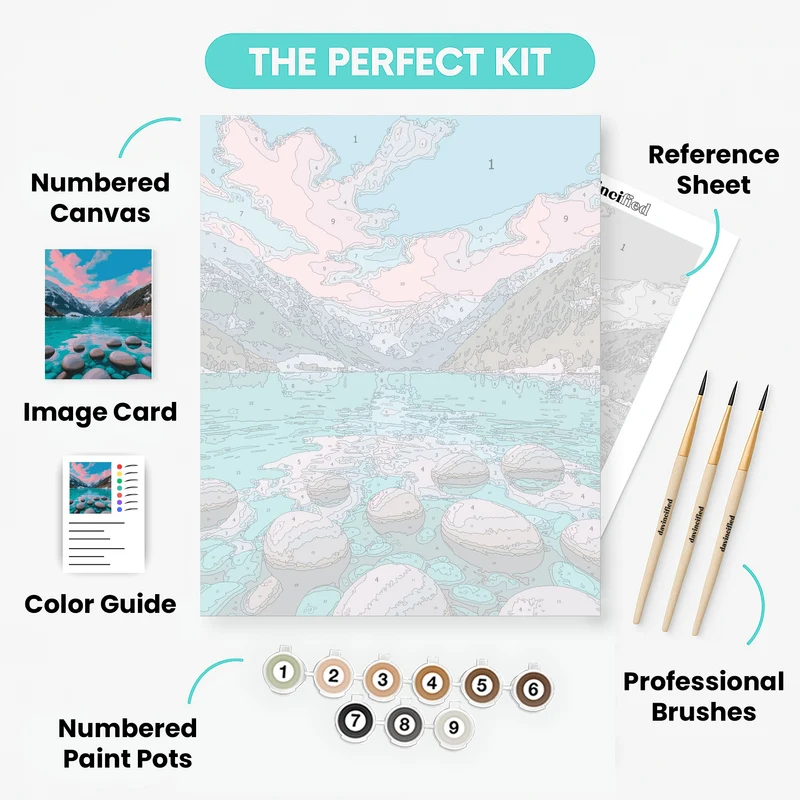 Turquoise Mountain Lake with Pink Sunset Sky - Paint by Numbers Kit