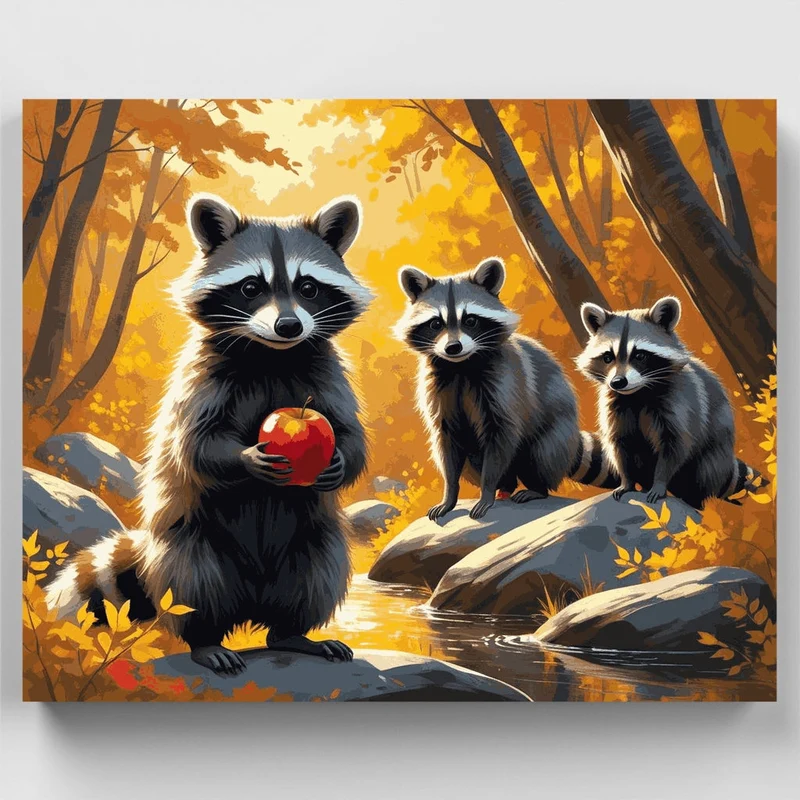Raccoons with Apple in Autumn Forest - Paint by Numbers Kit