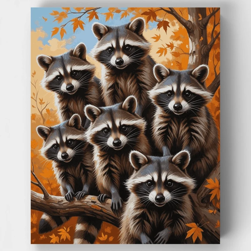 Raccoon Family in Autumn Tree - Paint by Numbers Kit