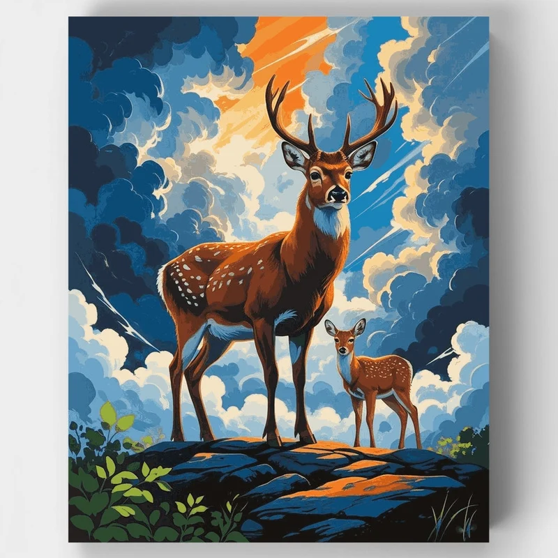 Majestic Deer and Fawn in Clouds - Paint by Numbers Kit