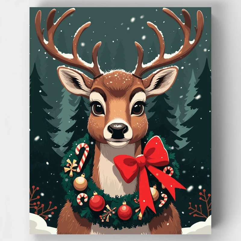 Festive Reindeer with Christmas Wreath - Paint by Numbers Kit
