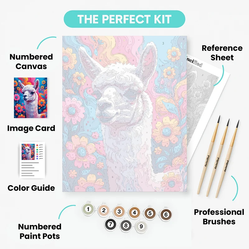 Whimsical White Alpaca with Vibrant Flowers - Paint by Numbers Kit