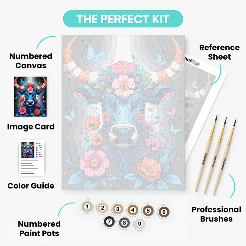 Vibrant Blue Bull with Floral Crown - Paint by Numbers Kit