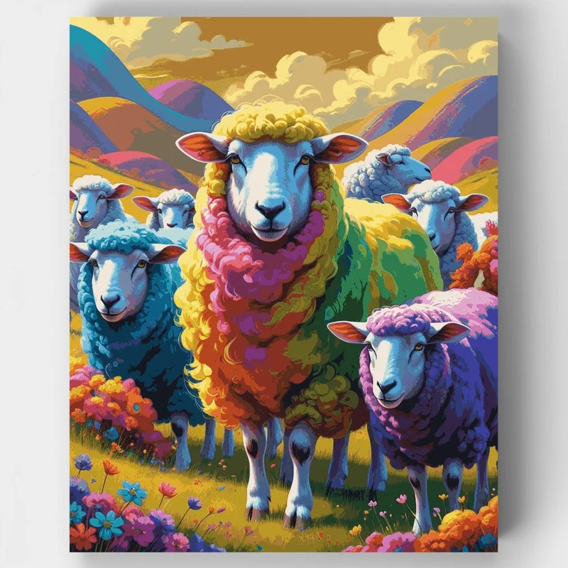 Colorful Rainbow Sheep Flock - Paint by Numbers Kit