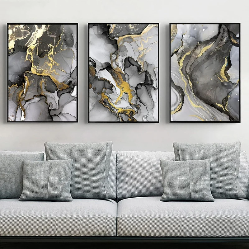 Abstrakte Wandkunst Grau Golden Marmor Textur Leinwand Bilder 3er Set 40x60cm