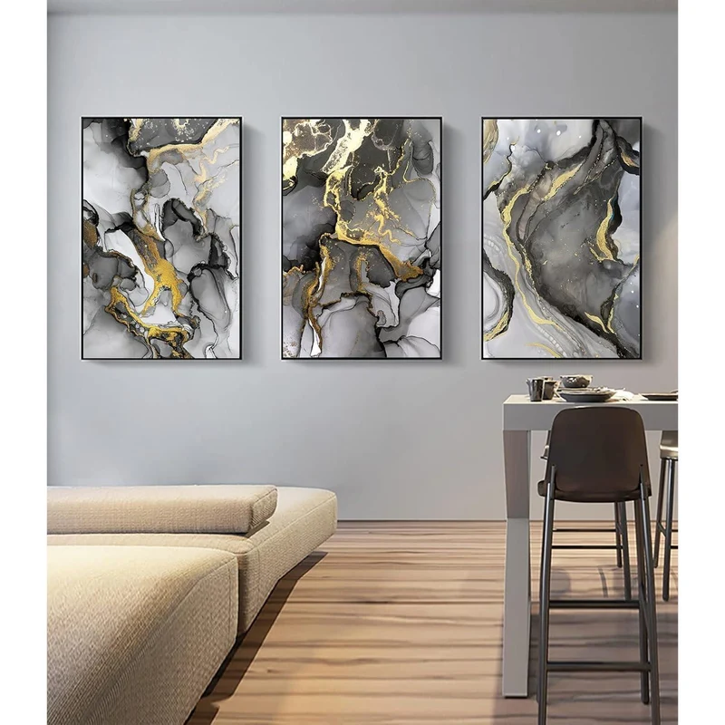 Abstrakte Wandkunst Grau Golden Marmor Textur Leinwand Bilder 3er Set 40x60cm