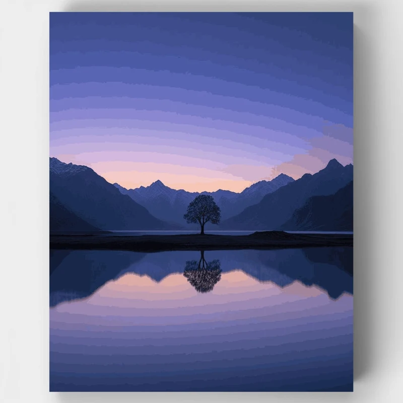 Twilight Mountain Lake with Lone Tree - Paint by Numbers Kit