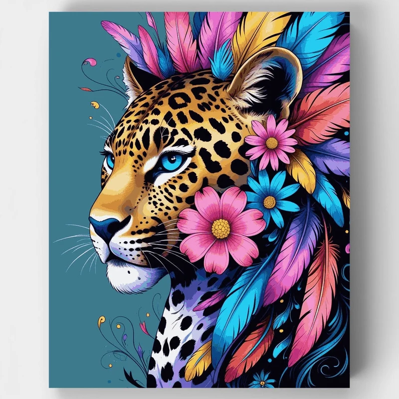 Vibrant Leopard with Feathers and Flowers - Paint by Numbers Kit