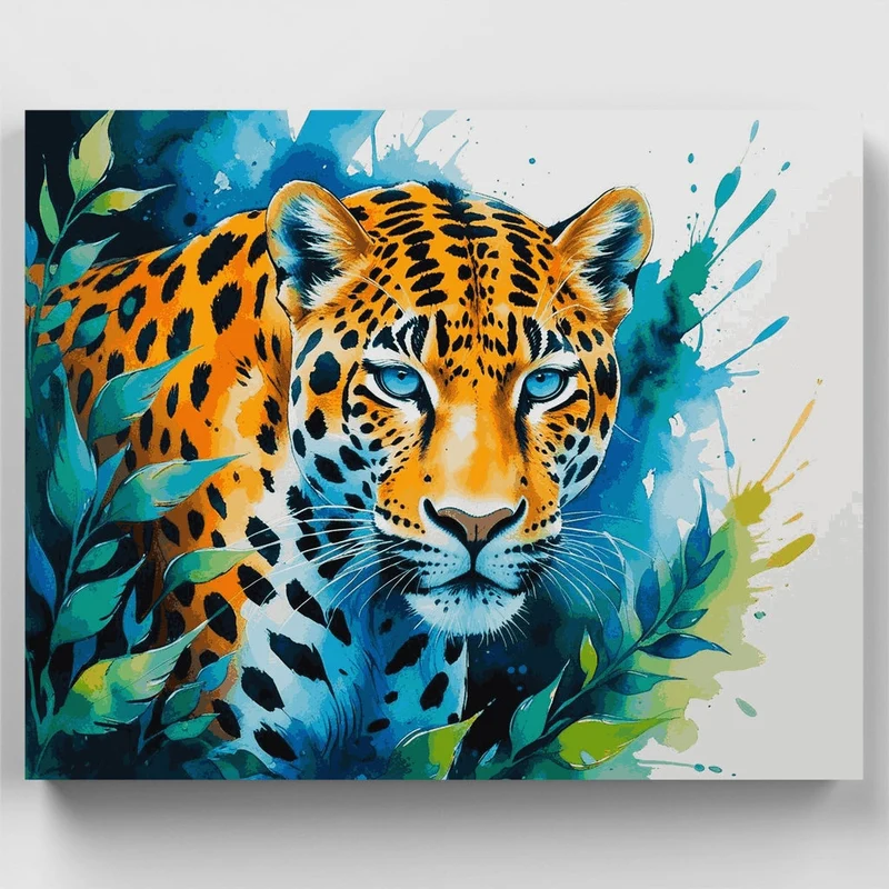 Majestic Watercolor Jaguar with Turquoise Eyes - Paint by Numbers Kit