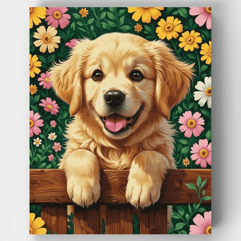 Golden Retriever Puppy in Flowers - Paint by Numbers Kit