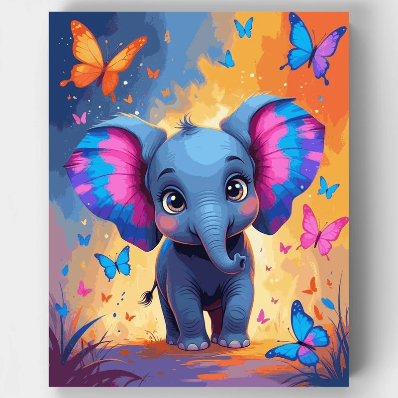 Whimsical Baby Elephant with Butterflies - Paint by Numbers Kit