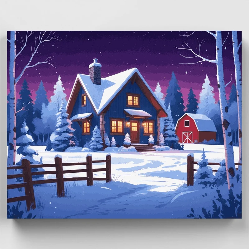 Snowy Farmhouse Winter Evening - Paint by Numbers Kit