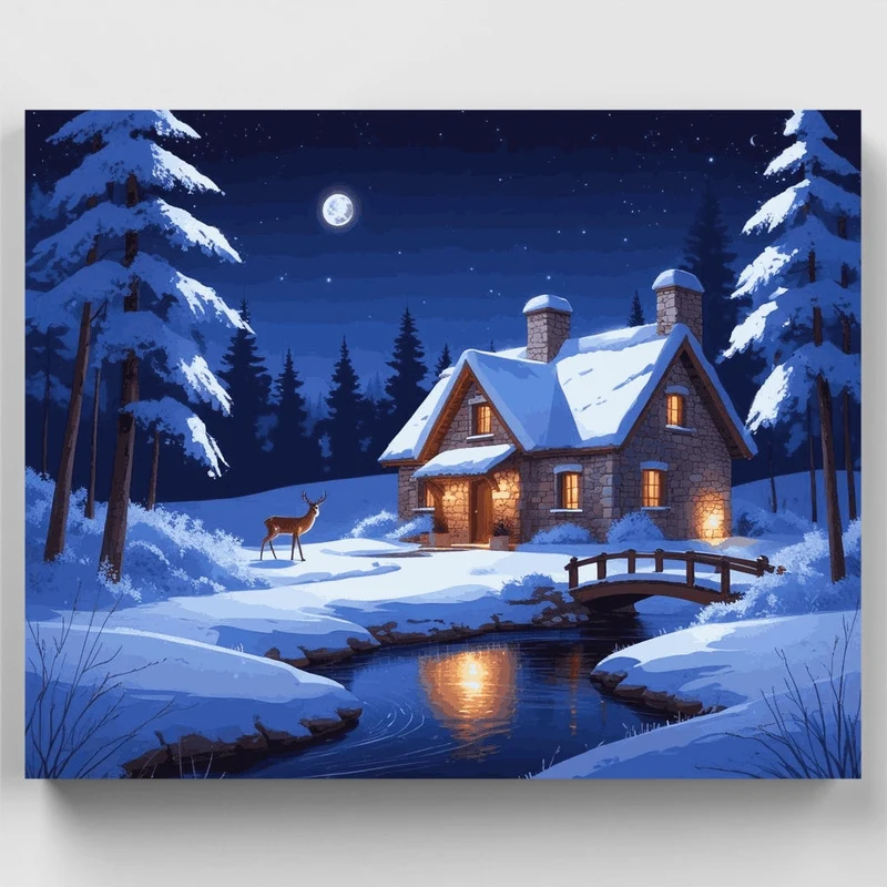 Winter Cottage Night Scene - Paint by Numbers Kit