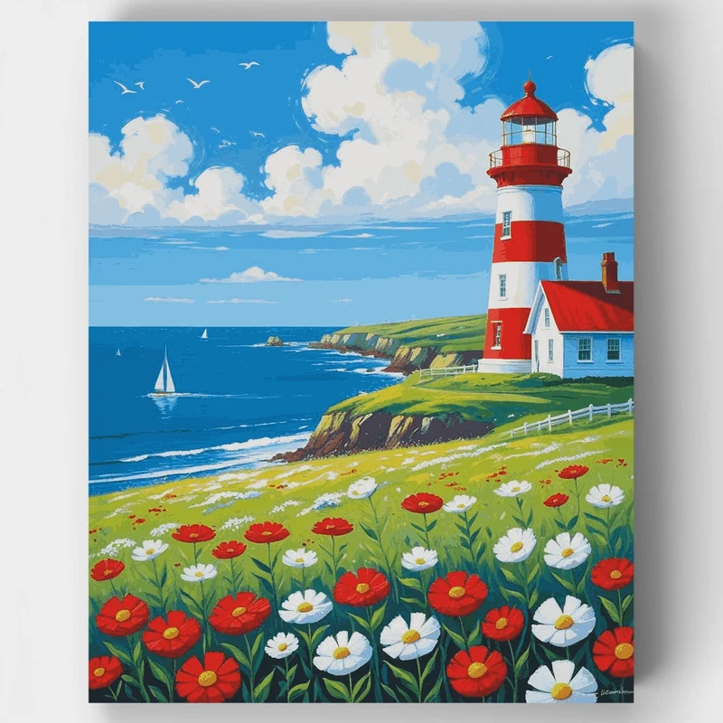 Coastal Lighthouse with Wildflowers - Paint by Numbers Kit