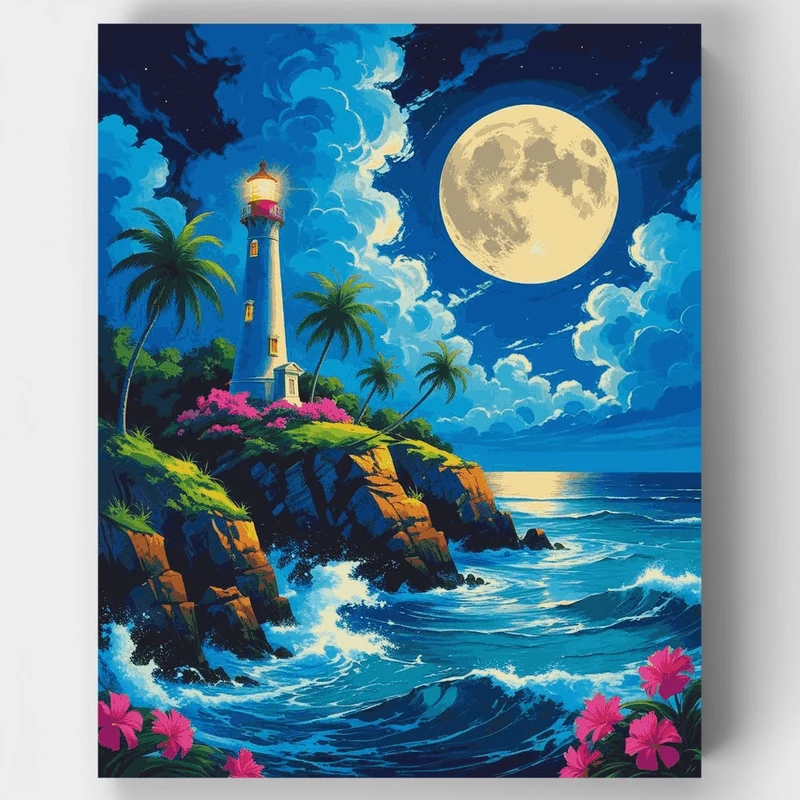 Moonlit Lighthouse Paradise - Paint by Numbers Kit
