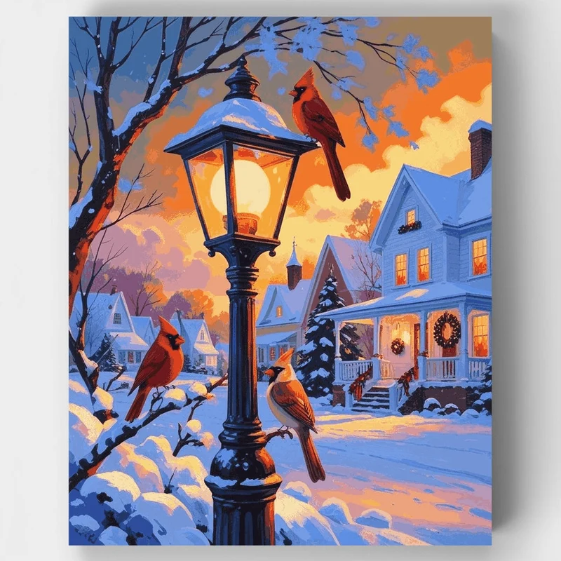 Cardinals at Snowy Lamppost Village - Paint by Numbers Kit