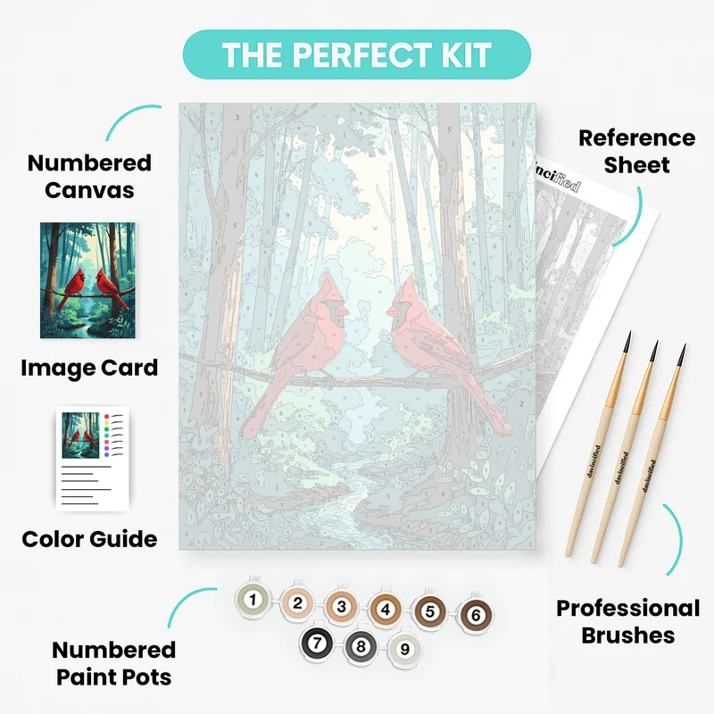 Two Red Cardinals in Misty Forest - Paint by Numbers Kit