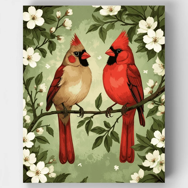 Cardinals on Branch with White Blossoms - Paint by Numbers Kit