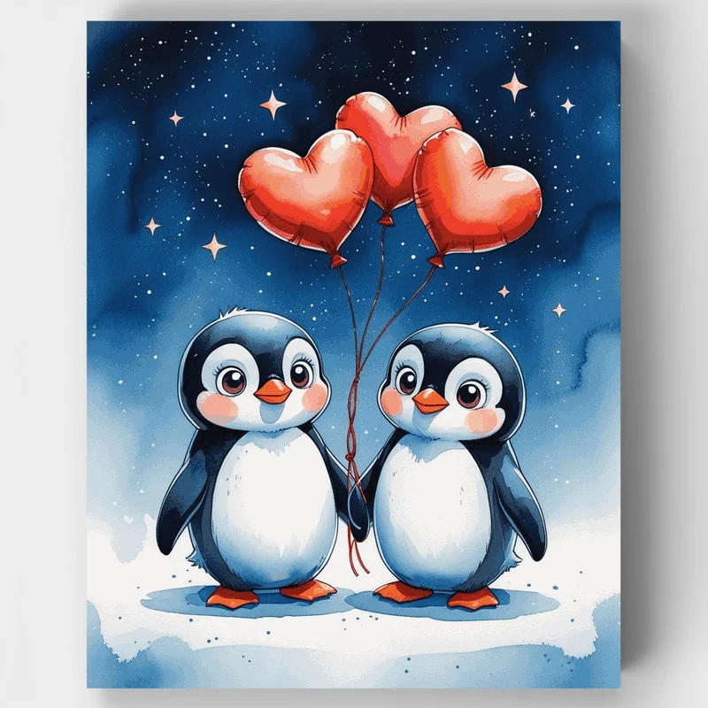 Two Penguins with Heart Balloons - Paint by Numbers Kit