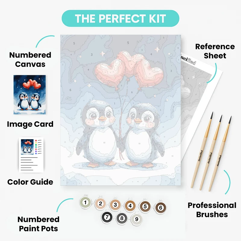 Two Penguins with Heart Balloons - Paint by Numbers Kit