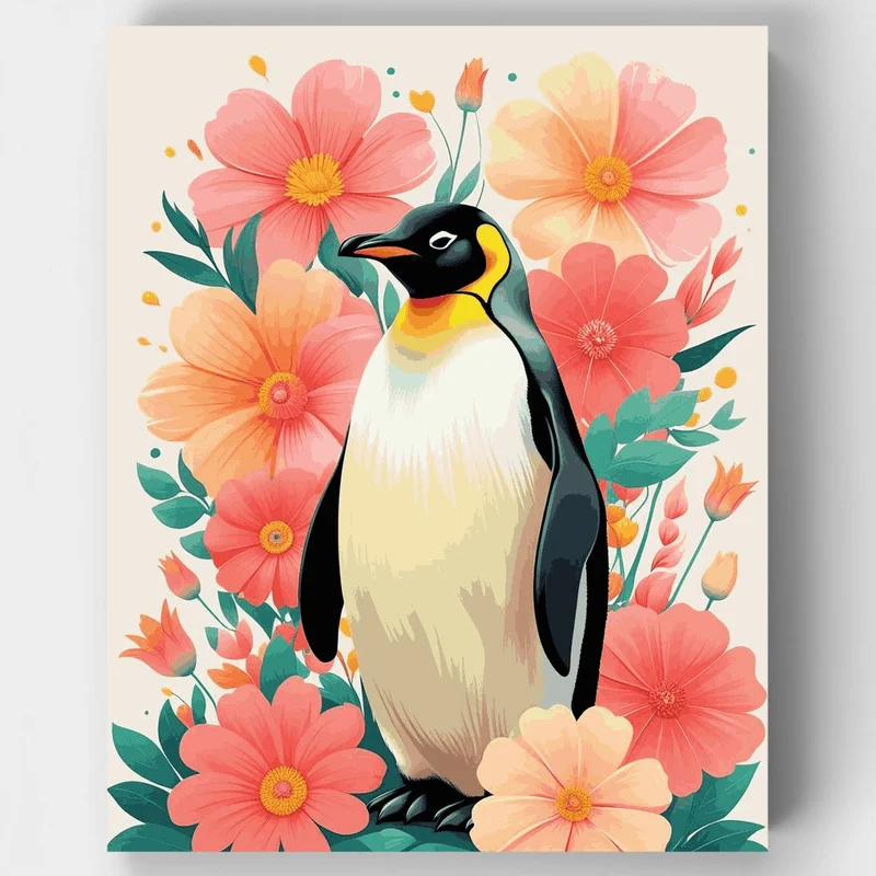 Penguin in Floral Garden - Paint by Numbers Kit