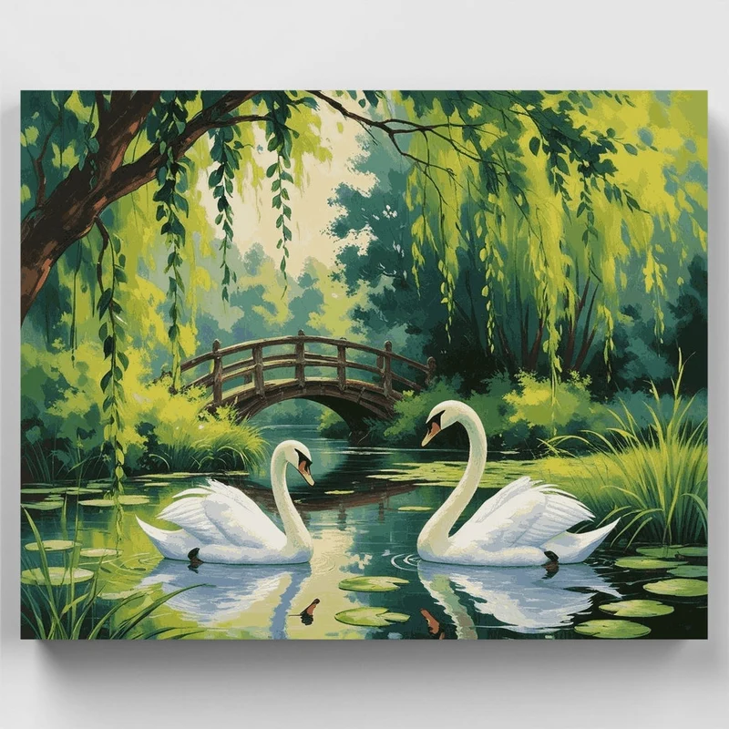 Graceful Swans Beneath Willow Bridge - Paint by Numbers Kit