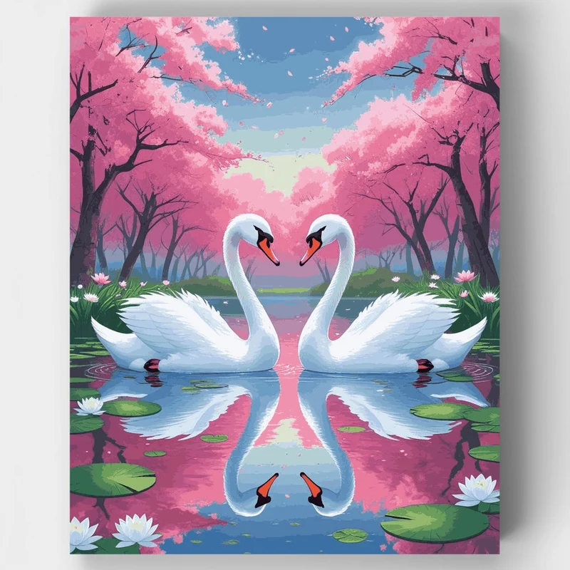 Romantic Swans Under Cherry Blossoms - Paint by Numbers Kit