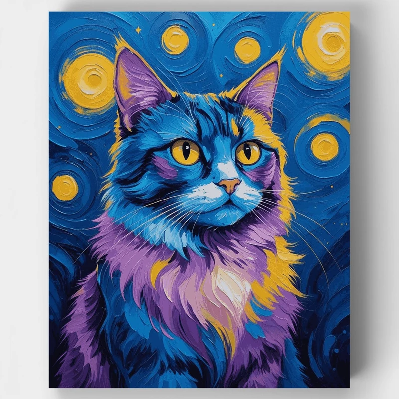 Starry Night Cat with Golden Eyes - Paint by Numbers Kit