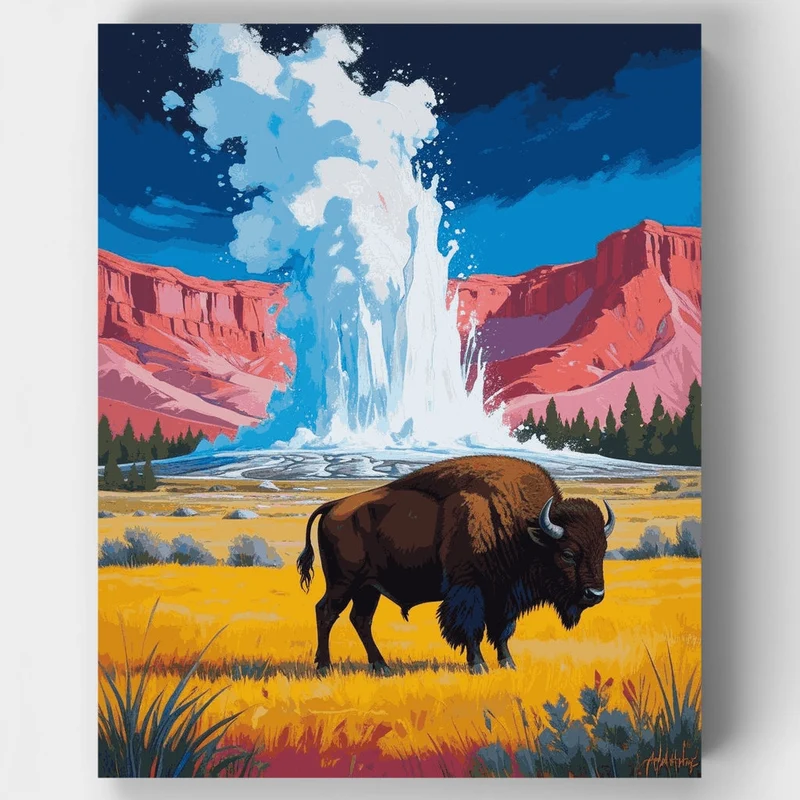 Bison at Old Faithful Geyser - Paint by Numbers Kit