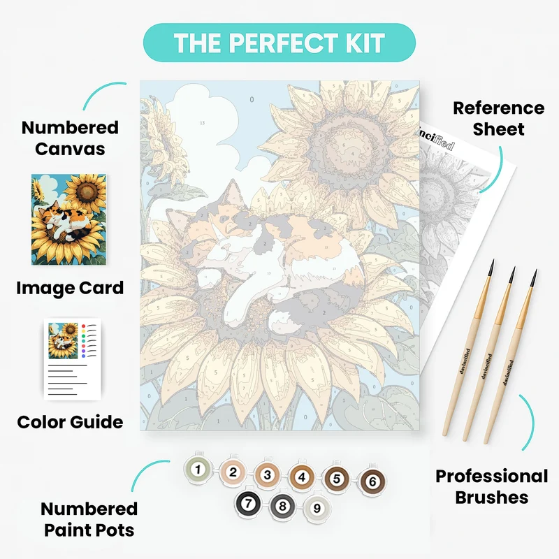 Calico Cat Sleeping on Sunflower - Paint by Numbers Kit