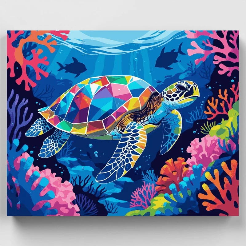 Colorful Sea Turtle in Coral Reef - Paint by Numbers Kit