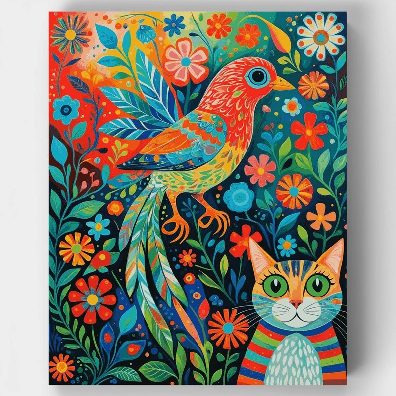 Vibrant Folk Art Bird and Cat Garden - Paint by Numbers Kit