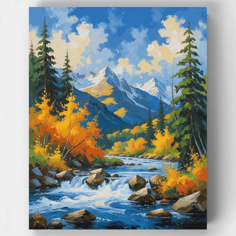 Mountain Stream Autumn Landscape - Paint by Numbers Kit