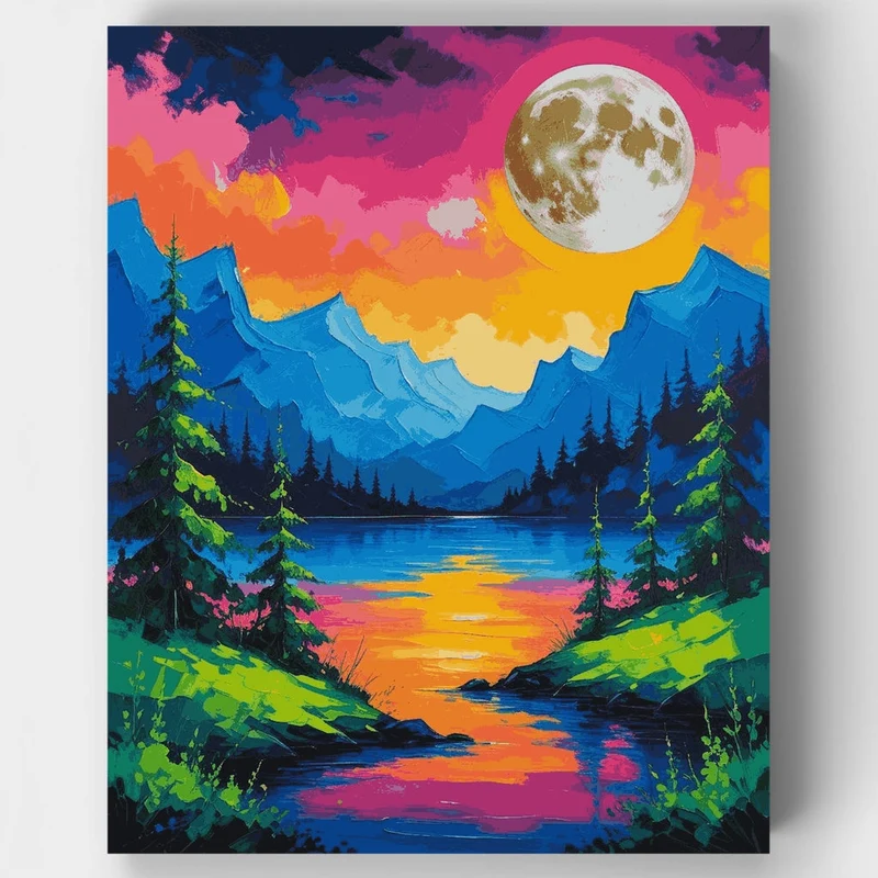 Vibrant Mountain Lake Moonrise - Paint by Numbers Kit