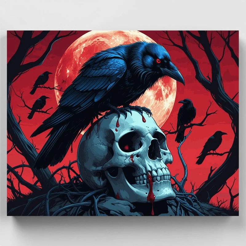 Gothic Raven on Skull with Blood Moon - Paint by Numbers Kit
