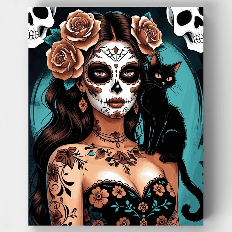Day of the Dead Sugar Skull Woman with Black Cat - Paint by Numbers Kit