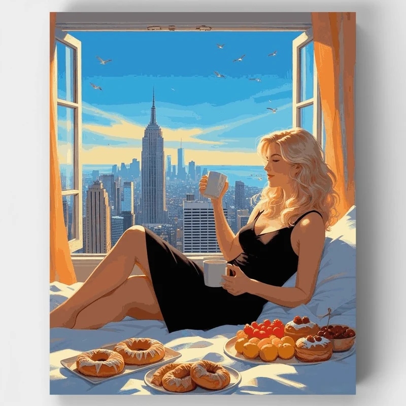 Woman Enjoying Morning Coffee with NYC Skyline View - Paint by Numbers Kit