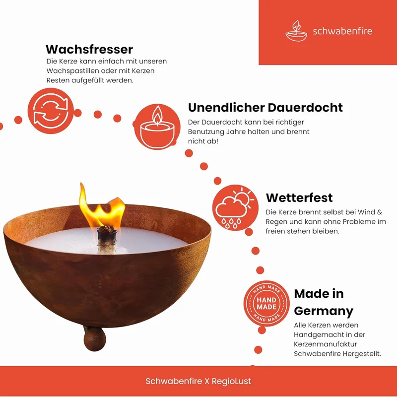 Schwabenfire Outdoor Kerze in Edelrost Schale mit Dauerdocht Wachsfresser